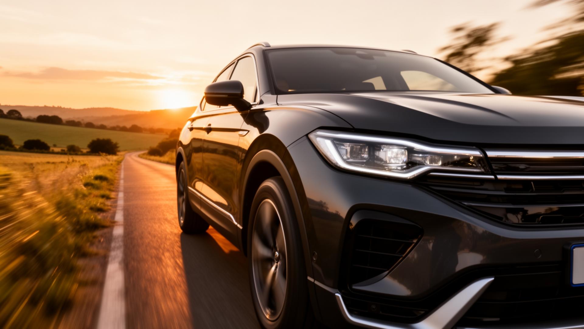 Modern car on a country road at sunset